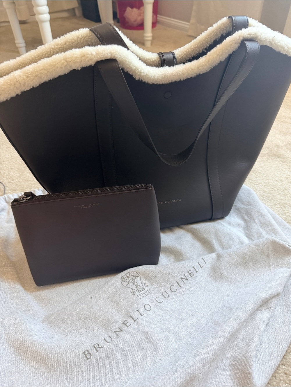 Brunello Cucinelli big leather shearling trimming tote